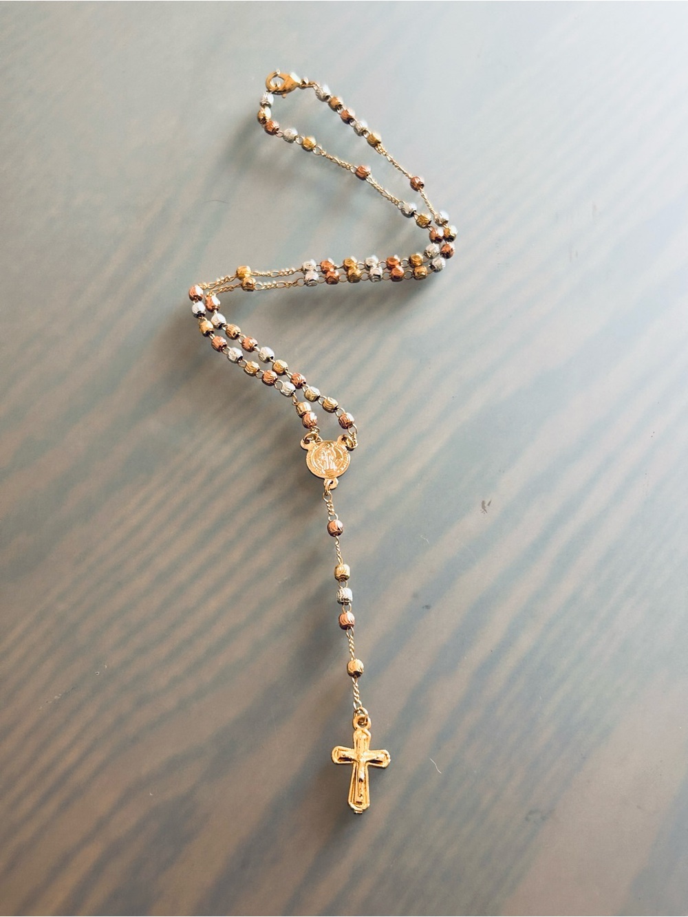 Gold-Tone Rosary Necklace with Tri-Color Beads